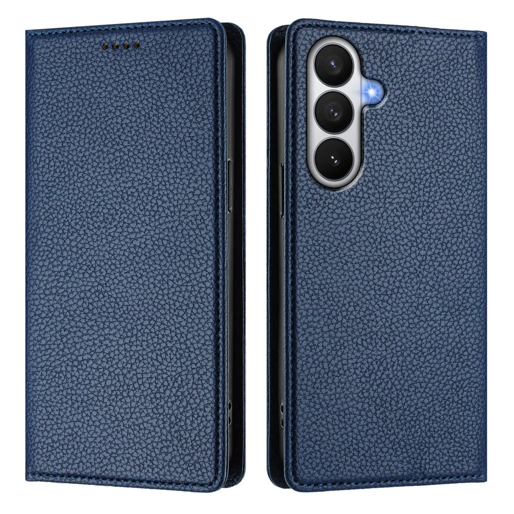 For Samsung Galaxy S26 Wallet Case RFID Blocking Litchi Texture Leather Mobile Cover - Dark Blue - 1