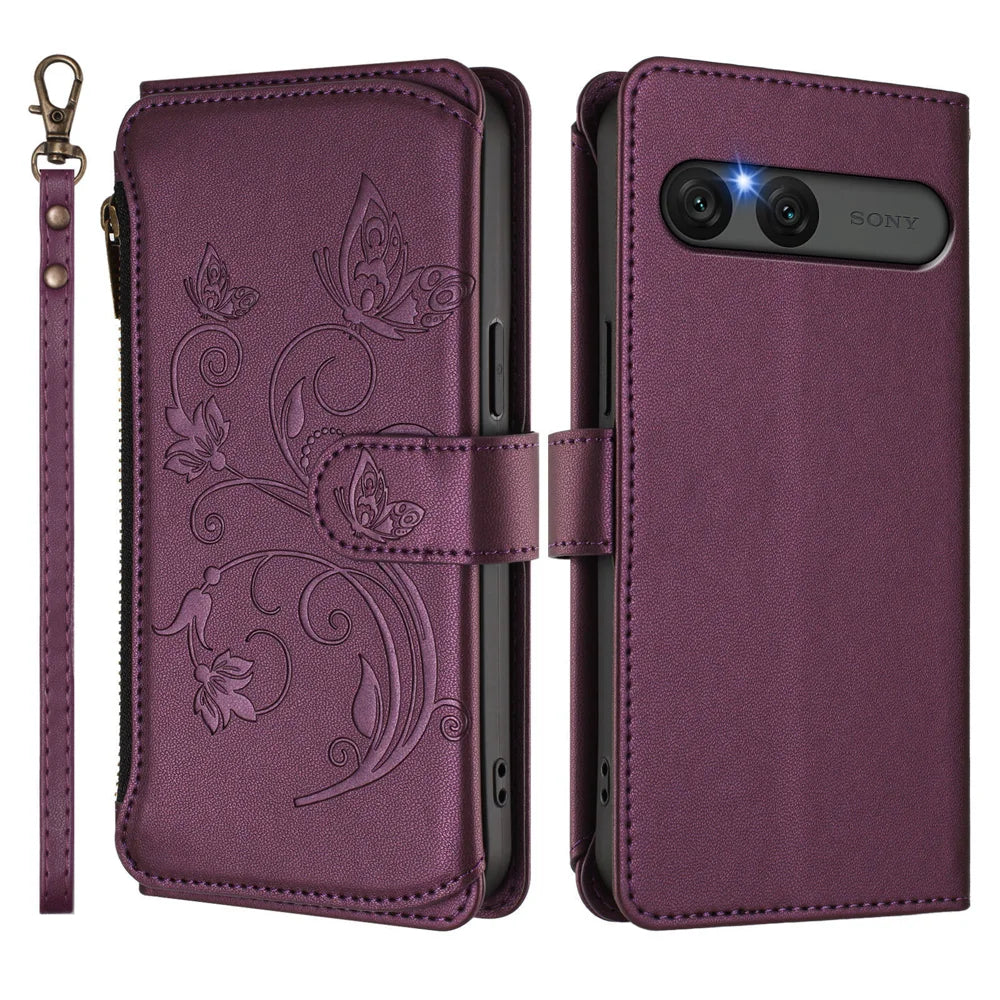 For Sony Xperia 10 VII Leather Case Butterfly Floral Imprint Zipper Wallet Stand Cover with Wrist Strap - Purple - 2