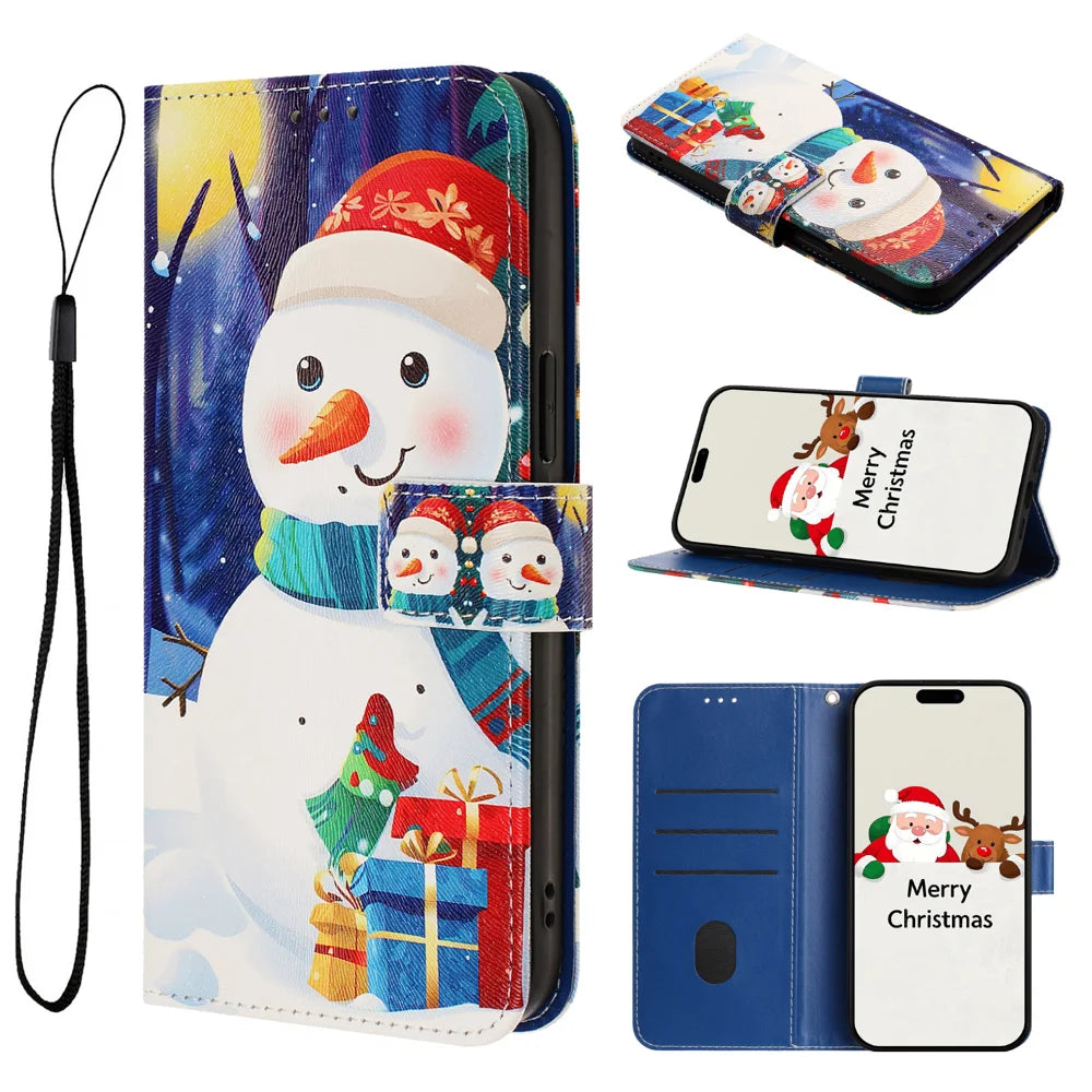 For Samsung Galaxy S26 Wallet Case Christmas Pattern Printing Leather Phone Cover with Lanyard - Gift Box Snowman - 5
