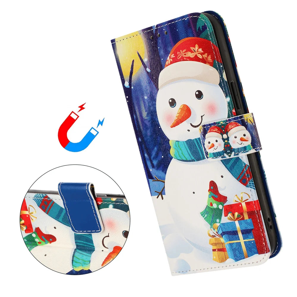 For Samsung Galaxy S26 Wallet Case Christmas Pattern Printing Leather Phone Cover with Lanyard - Gift Box Snowman - 7