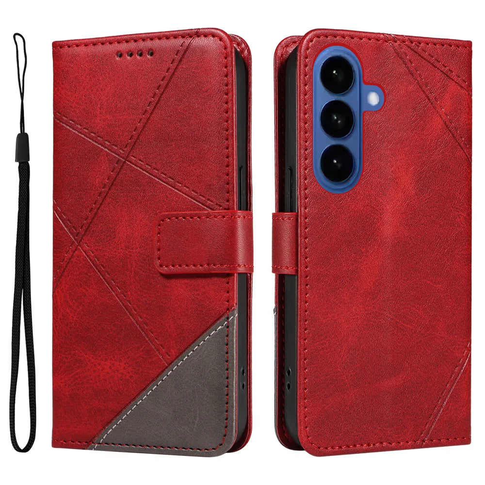 For Samsung Galaxy S26 Leather Case Geometric Line Design Wallet Phone Cover with Wrist Strap - Red - 1