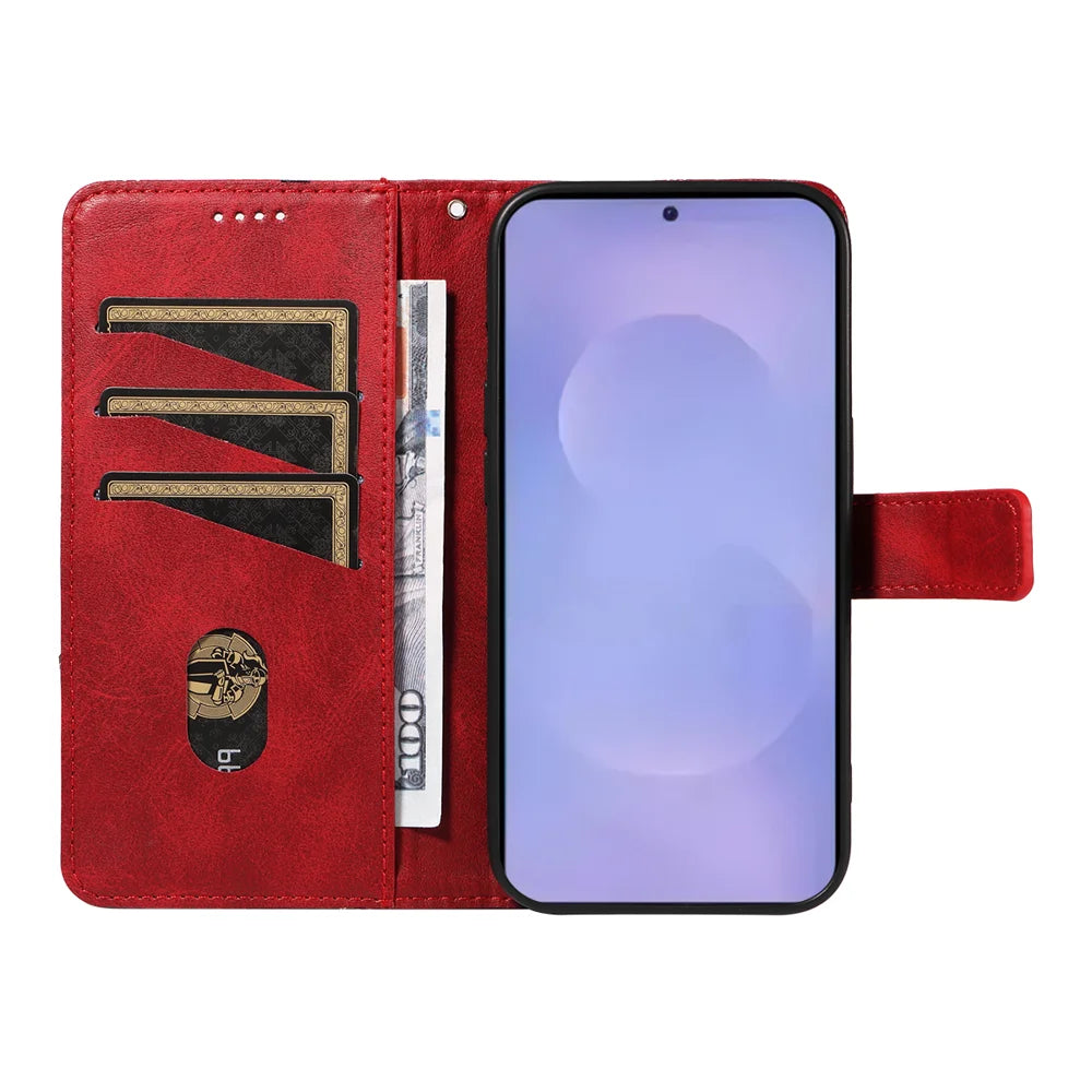 For Samsung Galaxy S26 Leather Case Geometric Line Design Wallet Phone Cover with Wrist Strap - Red - 2