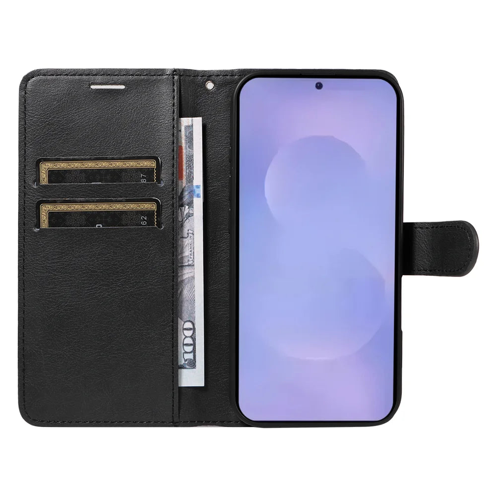 For Samsung Galaxy S26 Leather Wallet Case with Strap Solid Color Phone Stand Cover - Black - 2