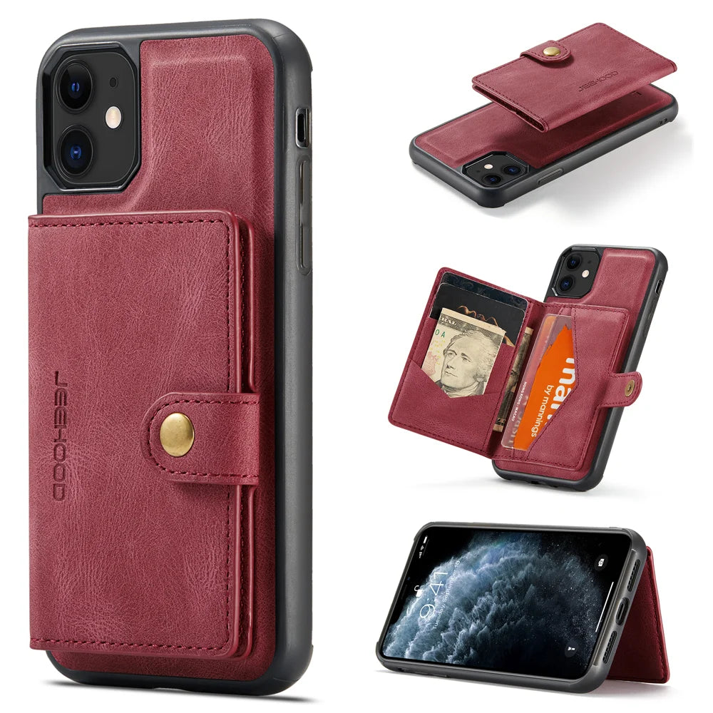 JEEHOOD For iPhone 11 Pro Max Case  J01 Retro Leather Phone Back Cover with Detachable Magnetic Card Holder - Red - 1