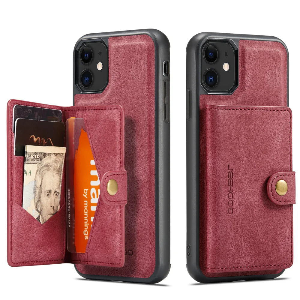 JEEHOOD For iPhone 11 Pro Max Case  J01 Retro Leather Phone Back Cover with Detachable Magnetic Card Holder - Red - 2