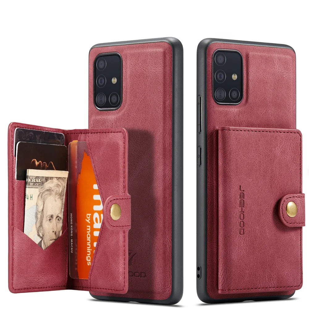 JEEHOOD For Samsung Galaxy A51 5G SM-A516 Case  J01 Retro Leather Phone Back Cover with Detachable Magnetic Card Holder - Red - 2