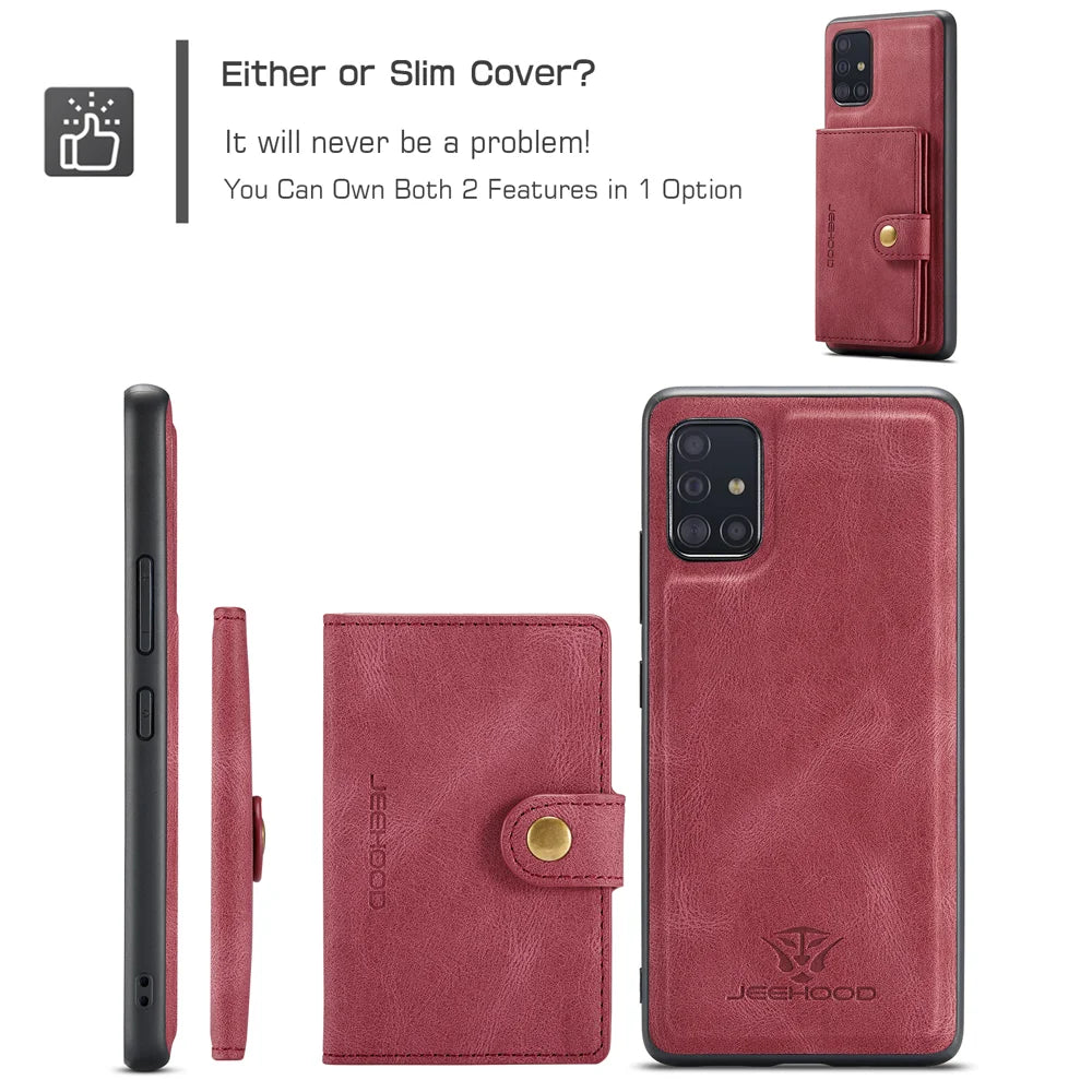 JEEHOOD For Samsung Galaxy A51 5G SM-A516 Case  J01 Retro Leather Phone Back Cover with Detachable Magnetic Card Holder - Red - 7