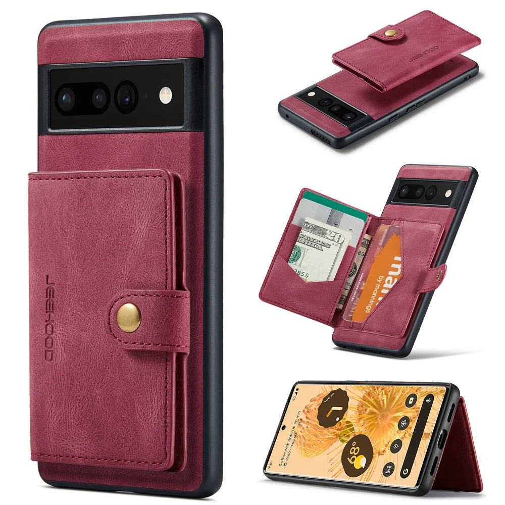 JEEHOOD For Google Pixel 7 5G Case  J01 Retro Leather Phone Back Cover with Detachable Magnetic Card Holder - Red - 1
