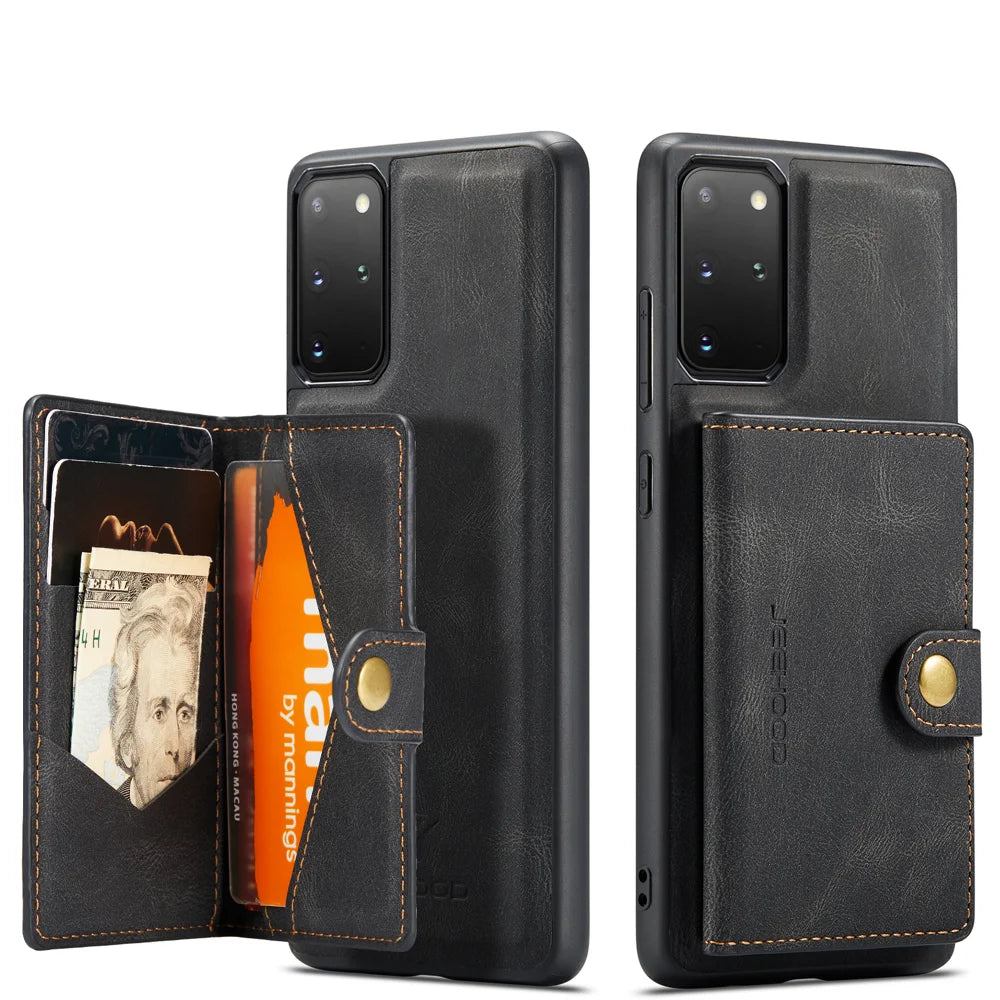 JEEHOOD For Samsung Galaxy S20 Plus 5G Case  J01 Retro Leather Phone Back Cover with Detachable Magnetic Card Holder - Black - 2