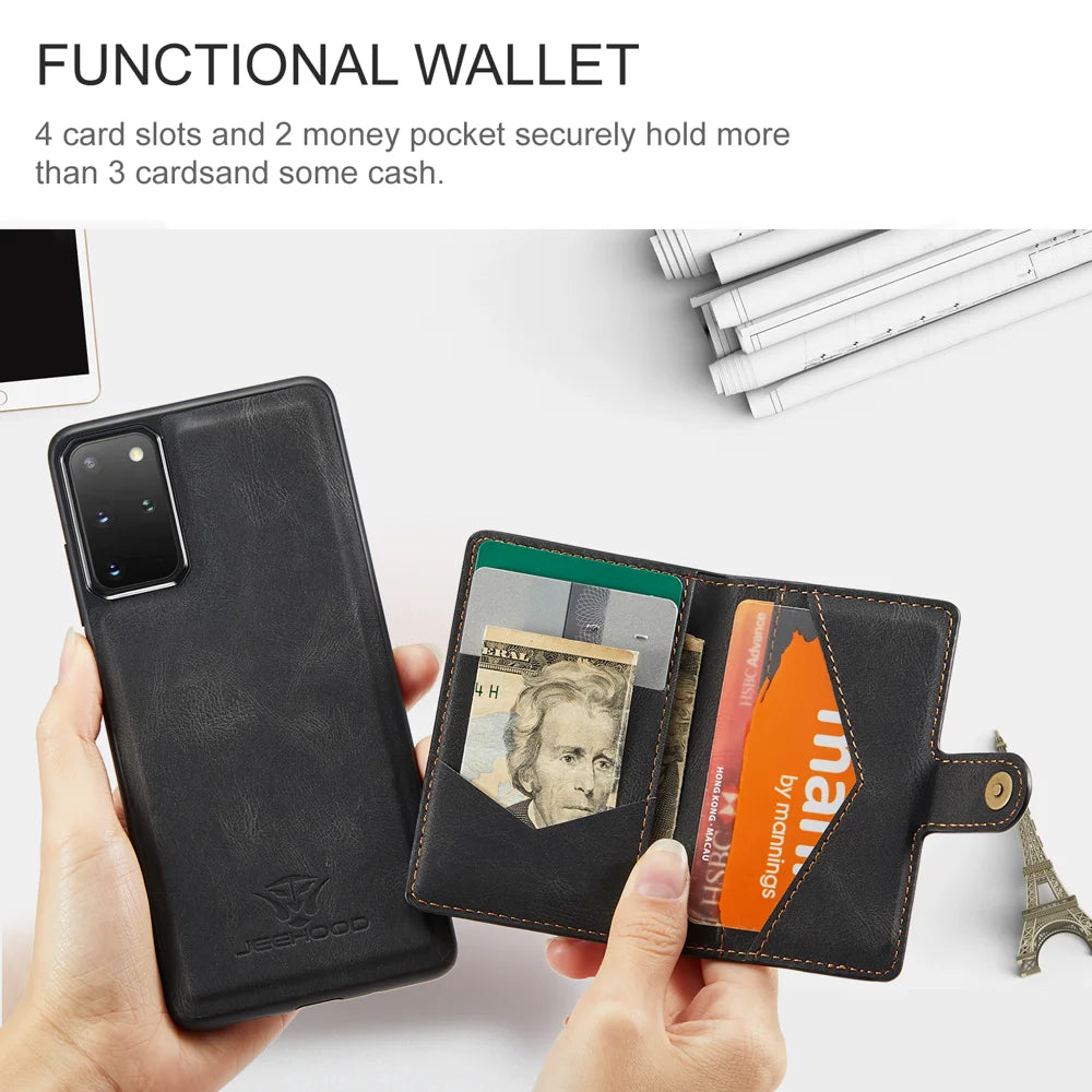 JEEHOOD For Samsung Galaxy S20 Plus 5G Case  J01 Retro Leather Phone Back Cover with Detachable Magnetic Card Holder - Black - 3