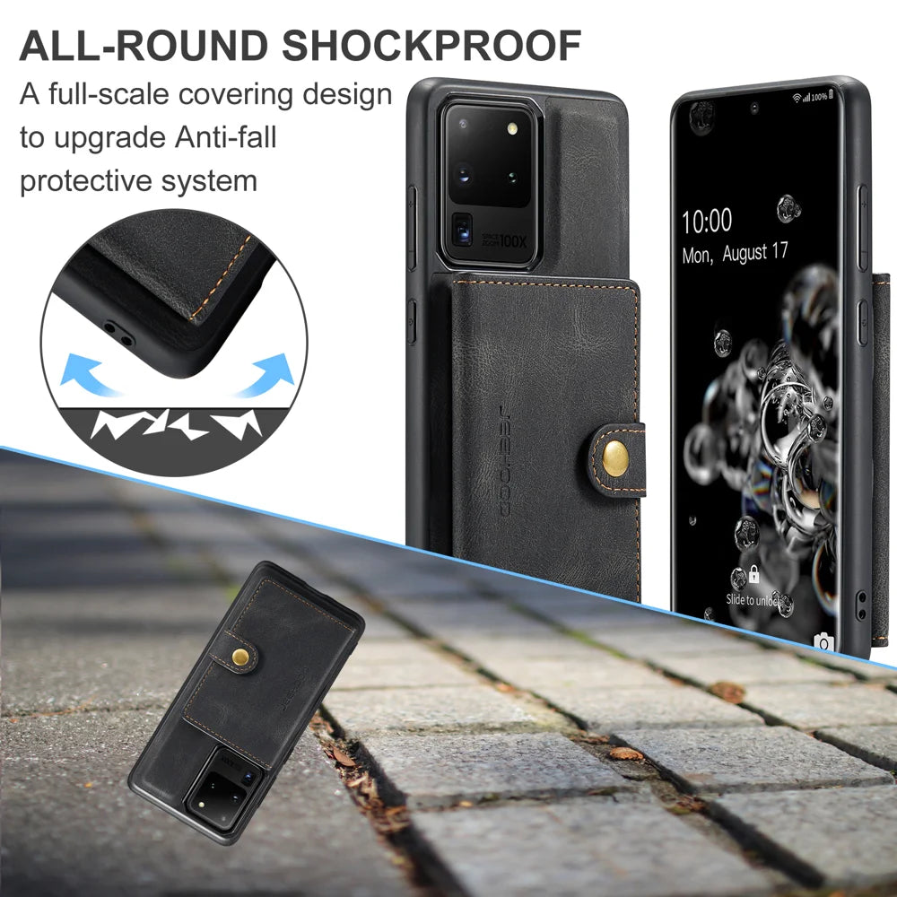 JEEHOOD For Samsung Galaxy S20 Ultra Case  J01 Retro Leather Phone Back Cover with Detachable Magnetic Card Holder - Black - 5