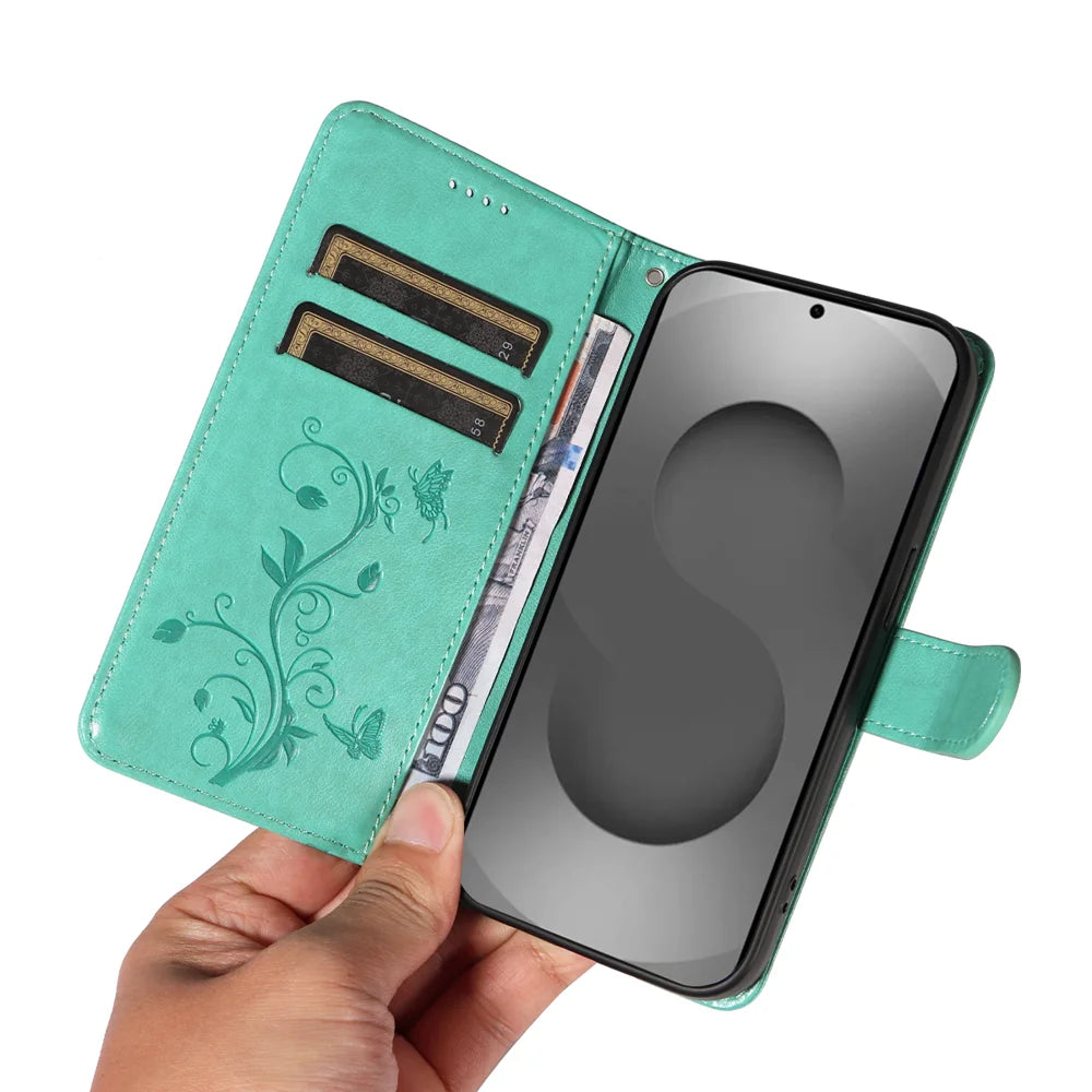 For Samsung Galaxy S26 Ultra PU Leather Cases Flower Pattern Wallet Stand Phone Cover with Strap - Green - 7