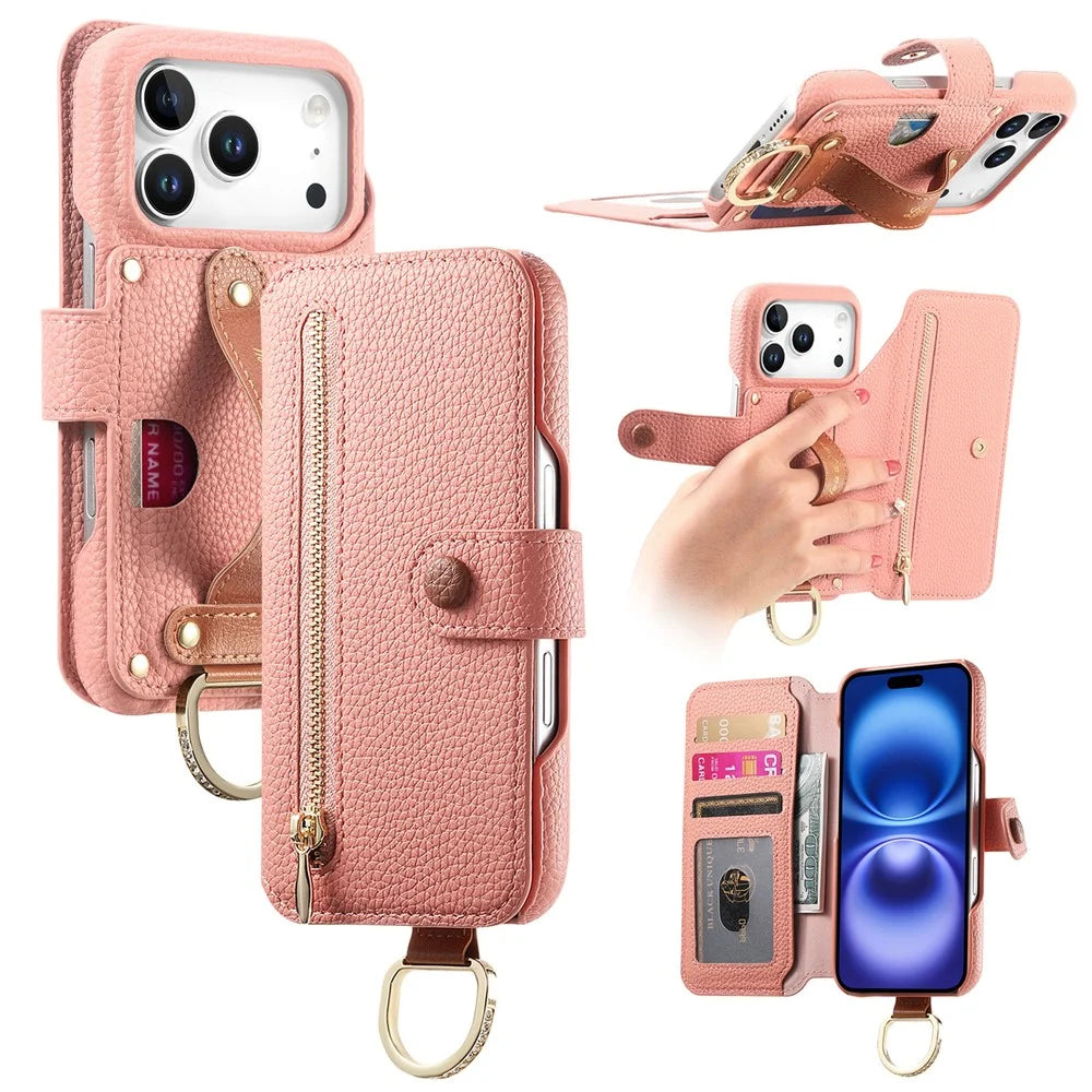 For iPhone 18 Pro Max / 17 Pro Max Case RFID Blocking Zipper Wallet PU Leather Mobile Cover - Pink - 1