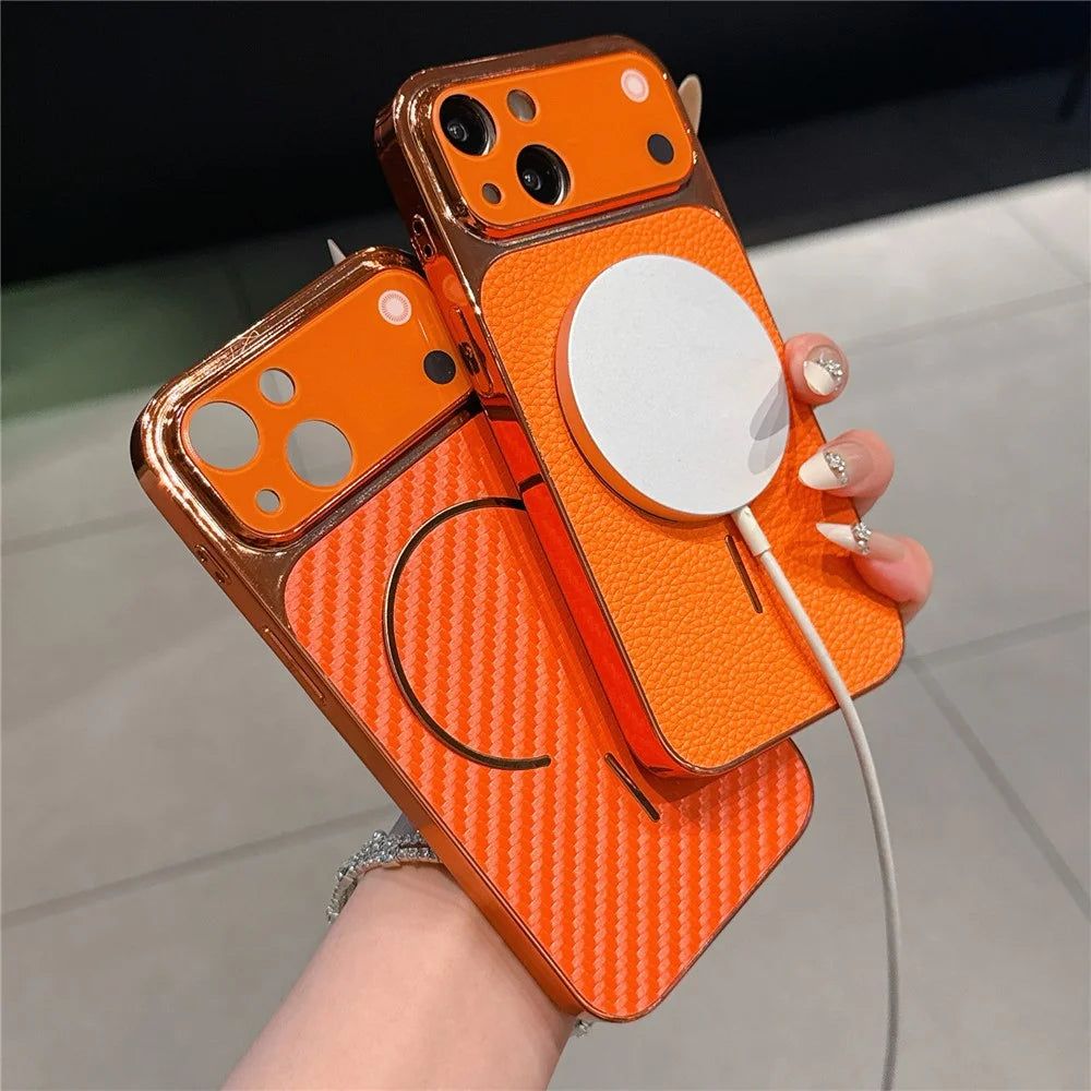 For iPhone 13 Electroplated Phone Case Transfer to 17 Pro Shockproof TPU PU Back Cover - Carbon Fiber Texture - 3