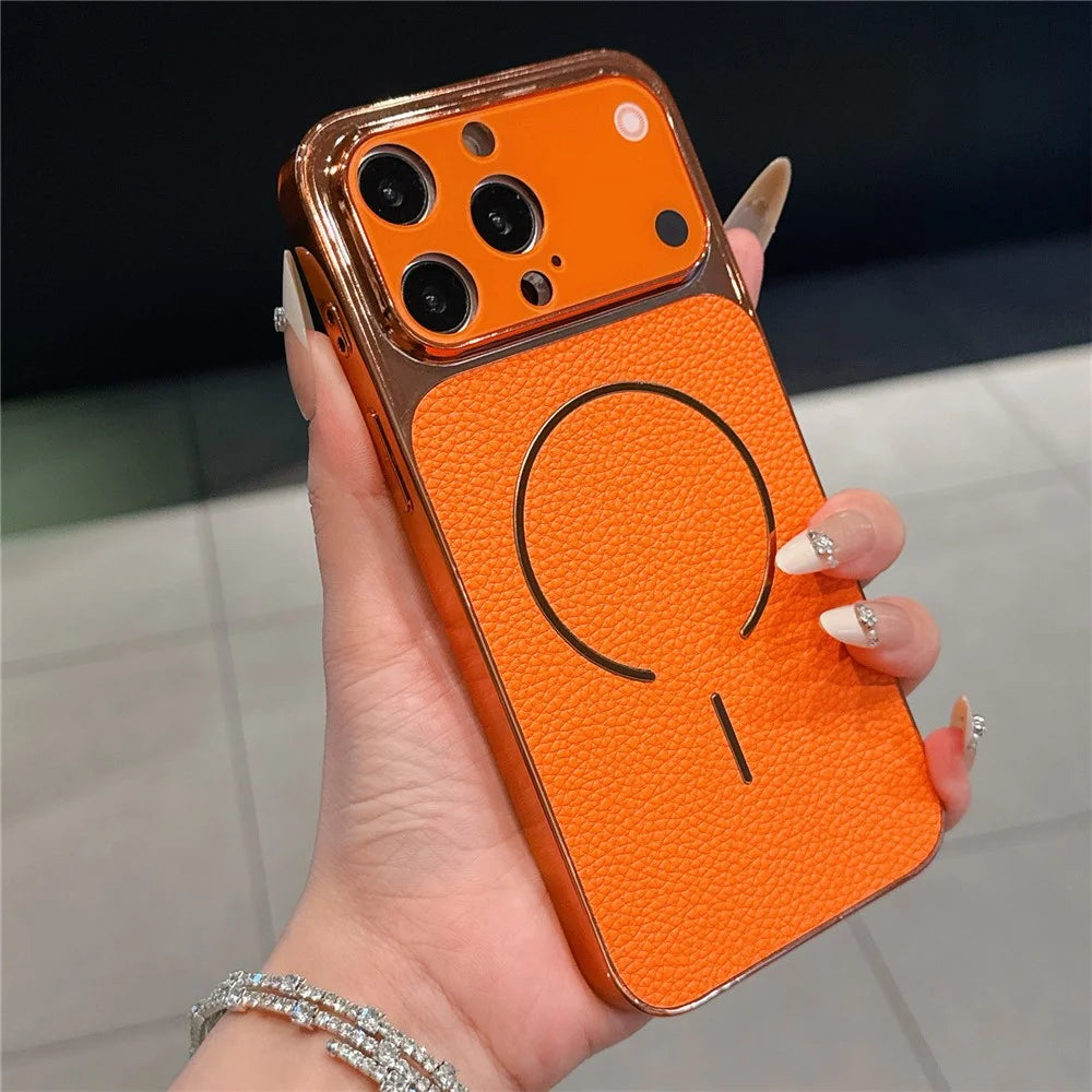 For iPhone 13 Pro Max Electroplated Phone Case Transfer to 17 Pro Max Shockproof TPU PU Back Cover - Litchi Texture - 1