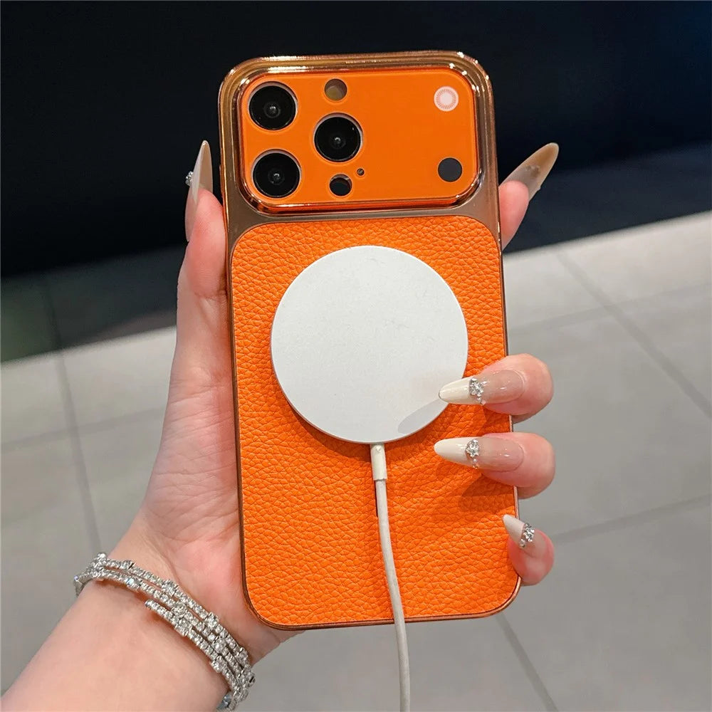 For iPhone 13 Pro Max Electroplated Phone Case Transfer to 17 Pro Max Shockproof TPU PU Back Cover - Litchi Texture - 3