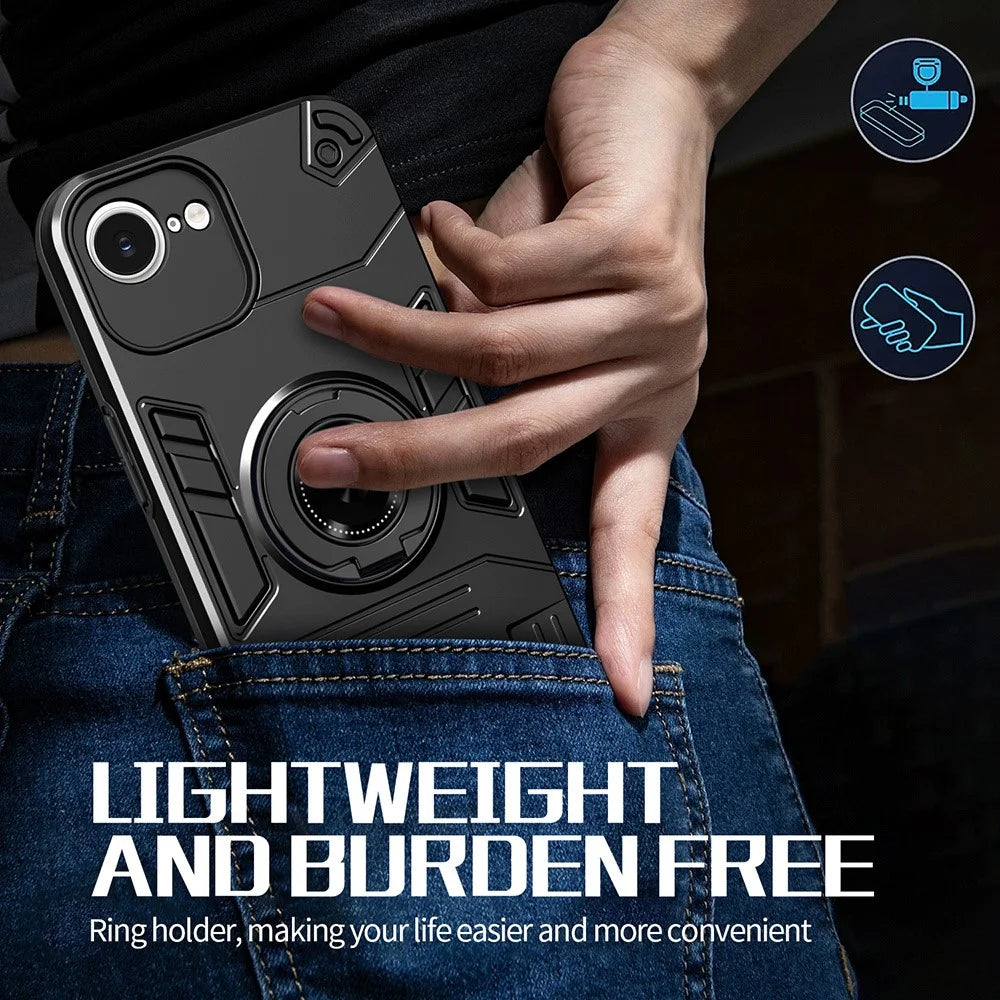 For iPhone 17e / 16e Case with Ring Holder Kickstand PC + TPU Anti-Fall Phone Cover - Black - 4