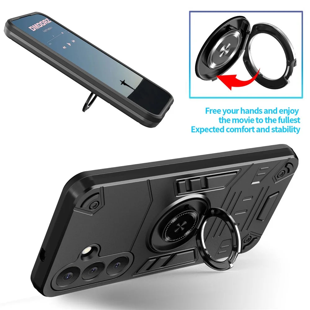 For Samsung Galaxy S25 Case with Ring Holder Kickstand PC + TPU Anti-Fall Phone Cover - Black - 4
