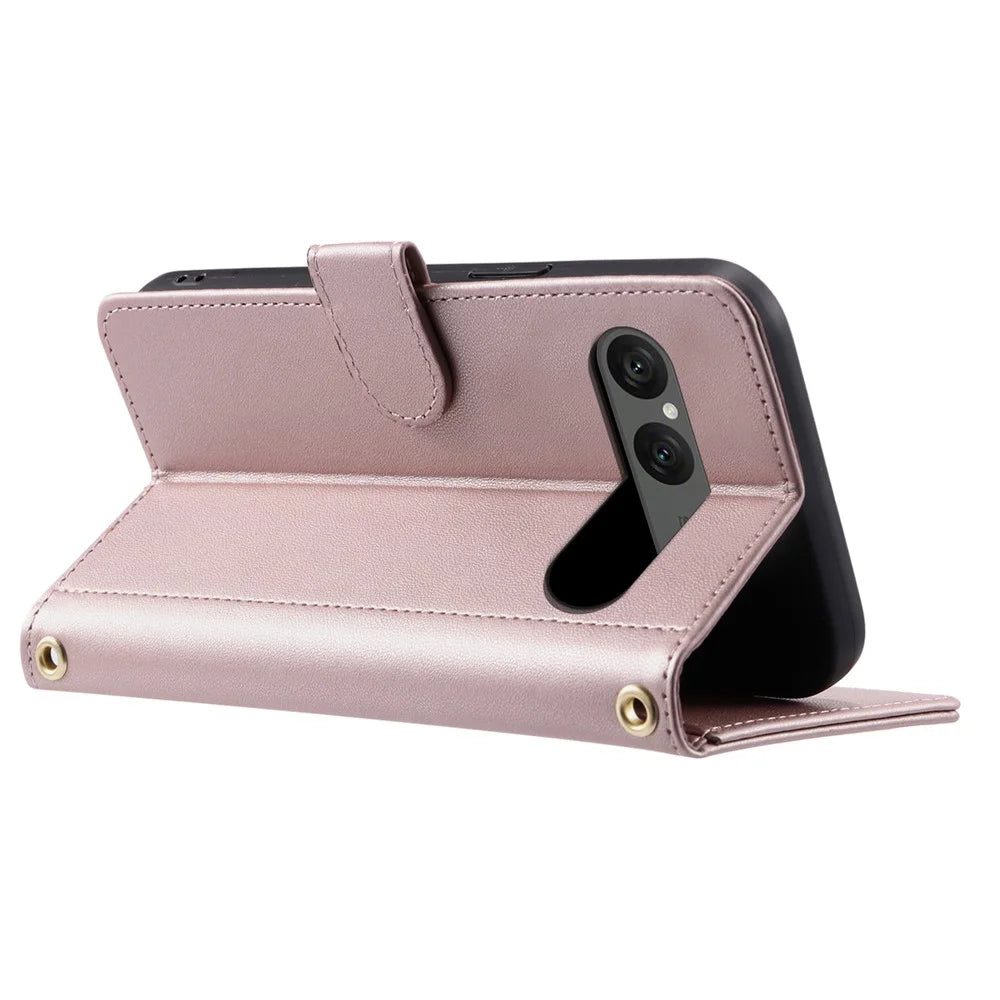For Sony Xperia 10 VII Case Wallet Rhombus Grid PU Leather Phone Cover with Shoulder Strap / Wrist Strap - Rose Gold - 3