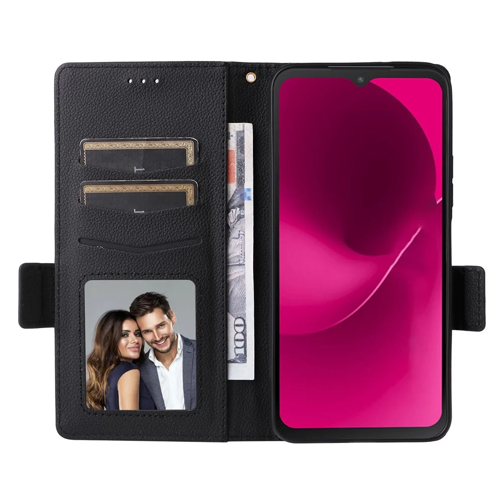Leather Case for T-Mobile Revvl 8 Pro / T-Mobile T Phone 3 Pro / Telekom T Phone 3 Pro Litchi Texture Wallet Phone Cover with Wrist Strap - Black - 2