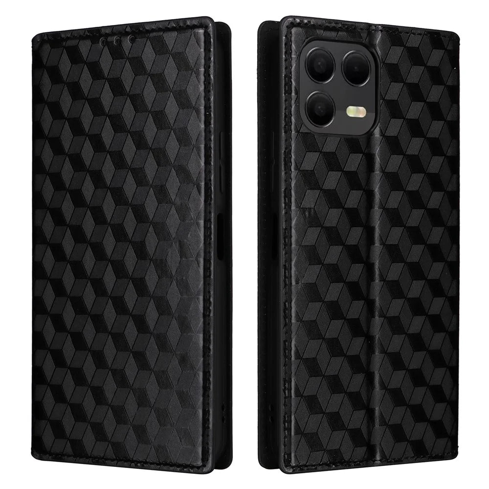 Leather Case for T-Mobile Revvl 8 Pro / T-Mobile T Phone 3 Pro / Telekom T Phone 3 Pro Wallet Rhombus Imprinted Phone Cover - Black - 1