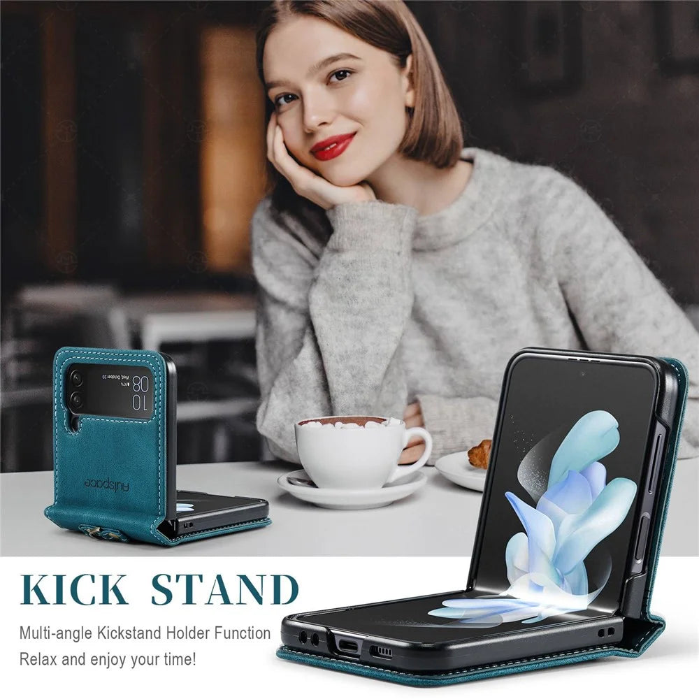 AUTSPACE A01 Series Shockproof Case for Samsung Galaxy Z Flip4 5G PU Leather + PC Vintage Matte Protective Case with Strap - Blue - 7