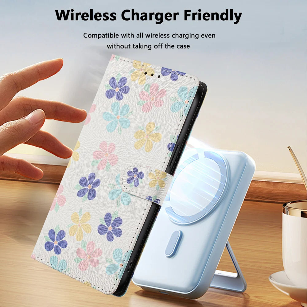For iPhone 16 Case Pattern Print PU Leather Wallet Phone Cover with Wrist Strap - Colored Flowers - 5