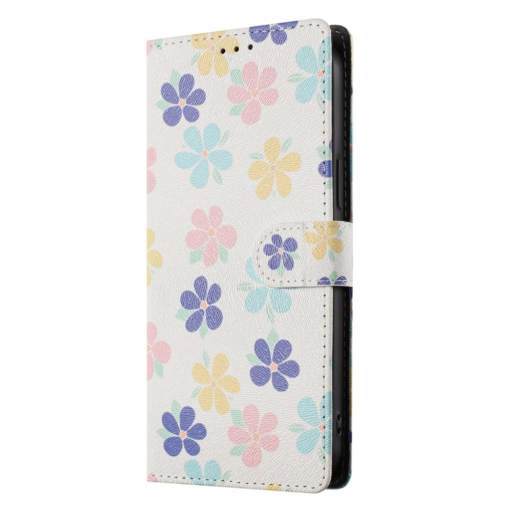 For iPhone 16 Case Pattern Print PU Leather Wallet Phone Cover with Wrist Strap - Colored Flowers - 6