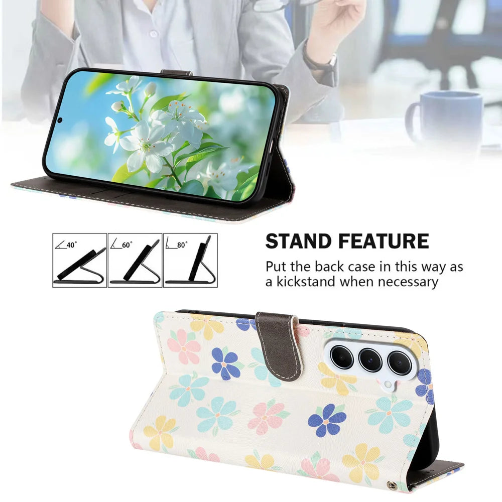 For Samsung Galaxy A18 5G / A18 4G / A17 5G / A17 4G / A26 5G Case Pattern Print PU Leather Wallet Phone Cover with Wrist Strap - Colored Flowers - 2
