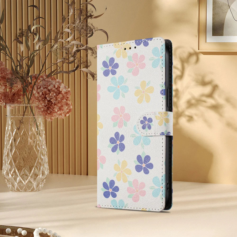 For Samsung Galaxy A18 5G / A18 4G / A17 5G / A17 4G / A26 5G Case Pattern Print PU Leather Wallet Phone Cover with Wrist Strap - Colored Flowers - 6