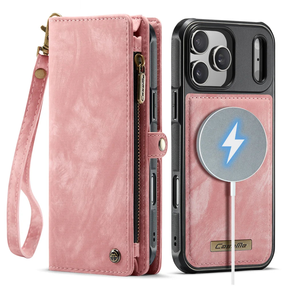 CASEME For iPhone 18 Pro Max / 17 Pro Max Phone Cases  008 Leather Cover with Detachable Wallet and Strap - Pink - 2