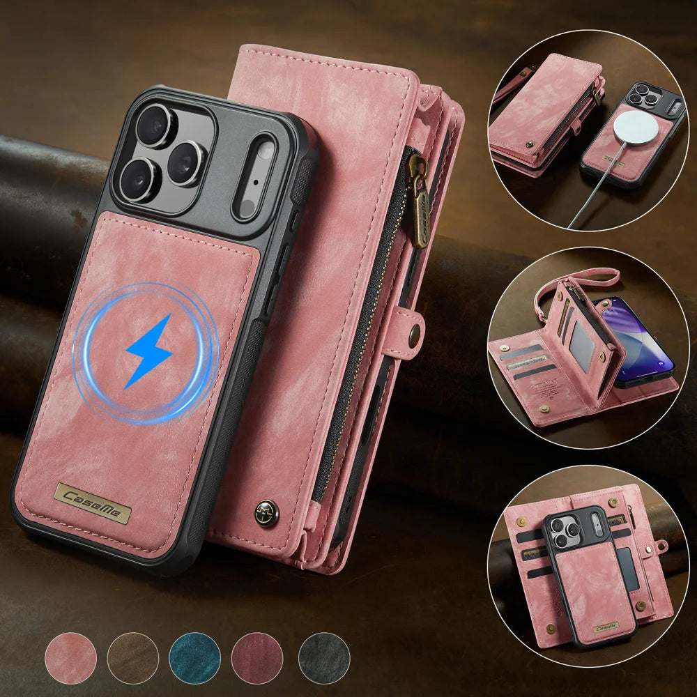 CASEME For iPhone 18 Pro Max / 17 Pro Max Phone Cases  008 Leather Cover with Detachable Wallet and Strap - Pink - 4