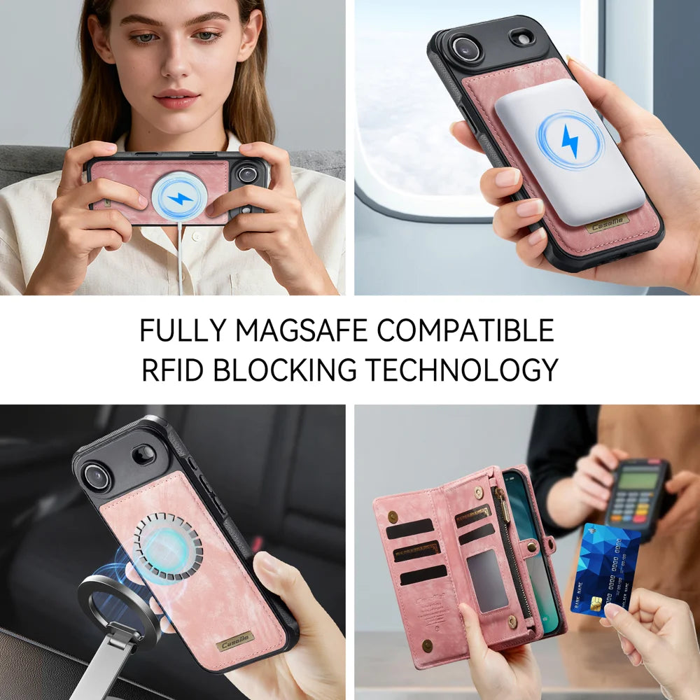 CASEME For iPhone Air Phone Cases  008 Leather Cover with Detachable Wallet and Strap - Pink - 7