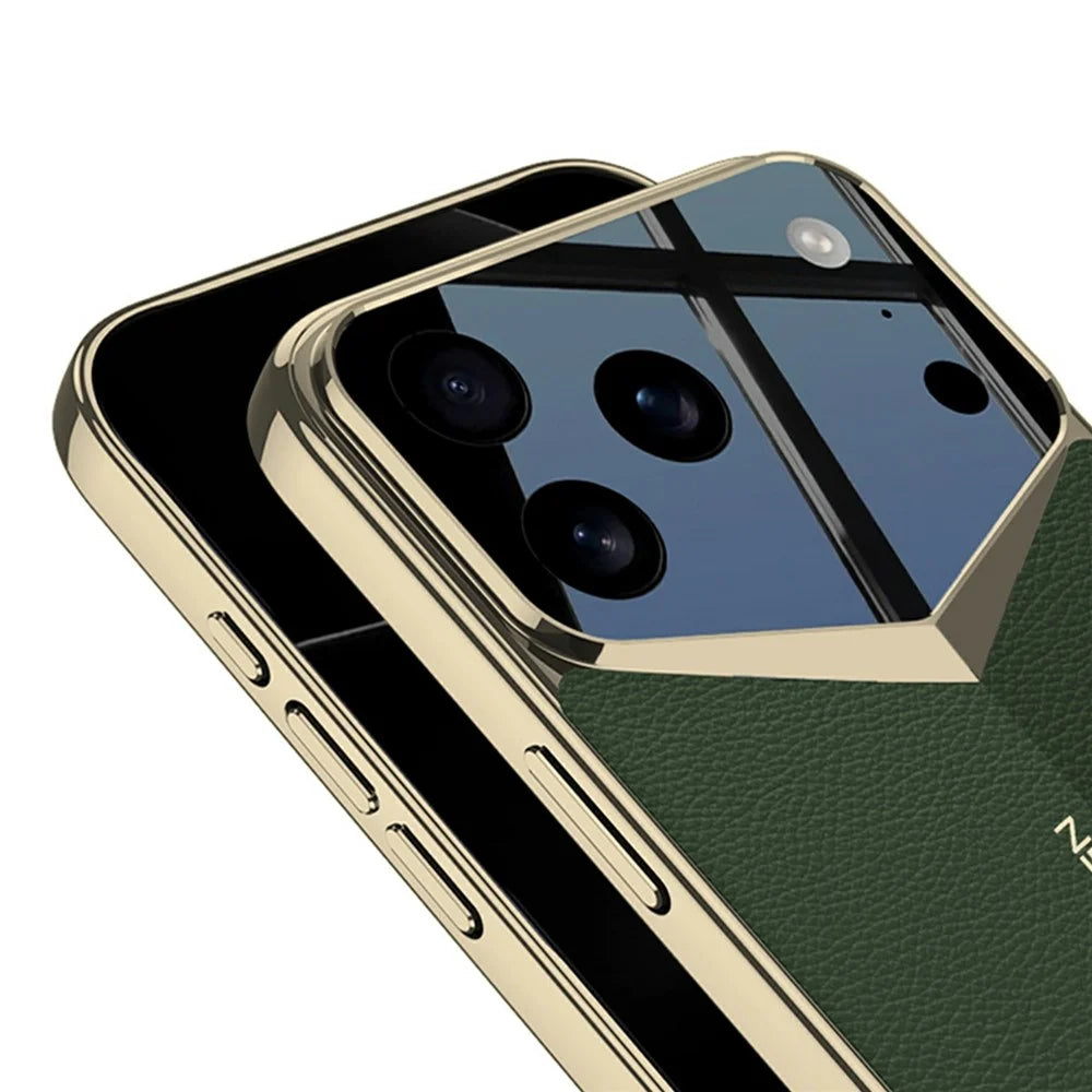 GKK For iPhone 17 Pro Max Case Matte Leather Coated PC Phone Cover with Electroplated Golden Edge - Green - 3