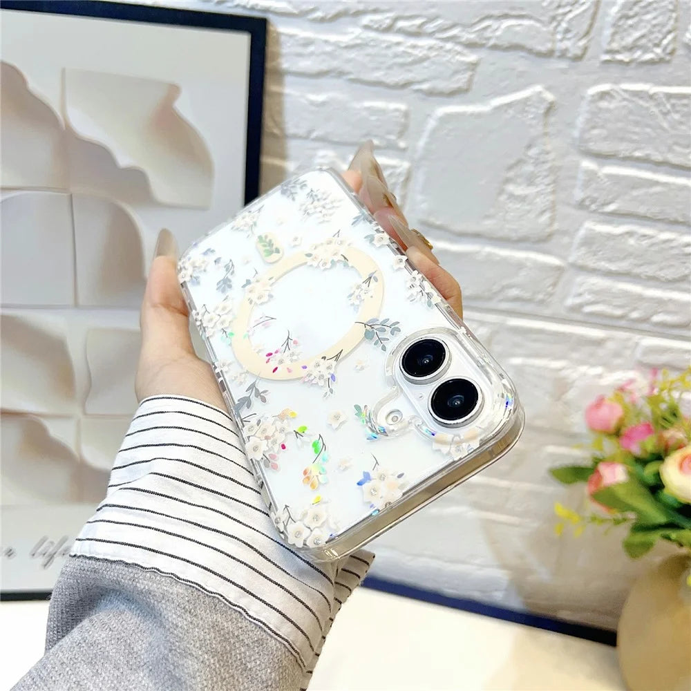 For iPhone 17 Magnetic Case Rhinestone Laser Floral PC + TPU Phone Cover Compatible with MagSafe - Style 1 - 5