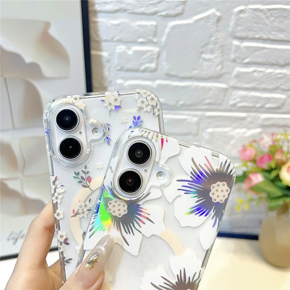 For iPhone 17 Magnetic Case Rhinestone Laser Floral PC + TPU Phone Cover Compatible with MagSafe - Style 1 - 6