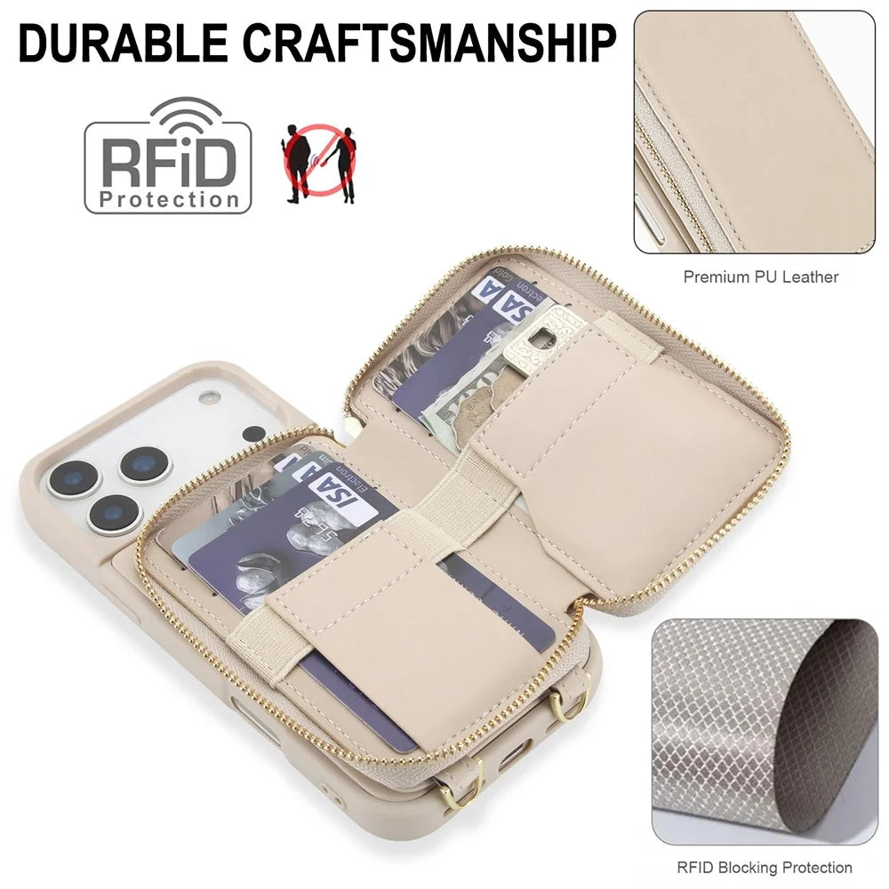 For iPhone 17 Pro Max Case RFID Blocking Zipper Wallet Leather + TPU Phone Cover with Shoulder Strap - Apricot - 4