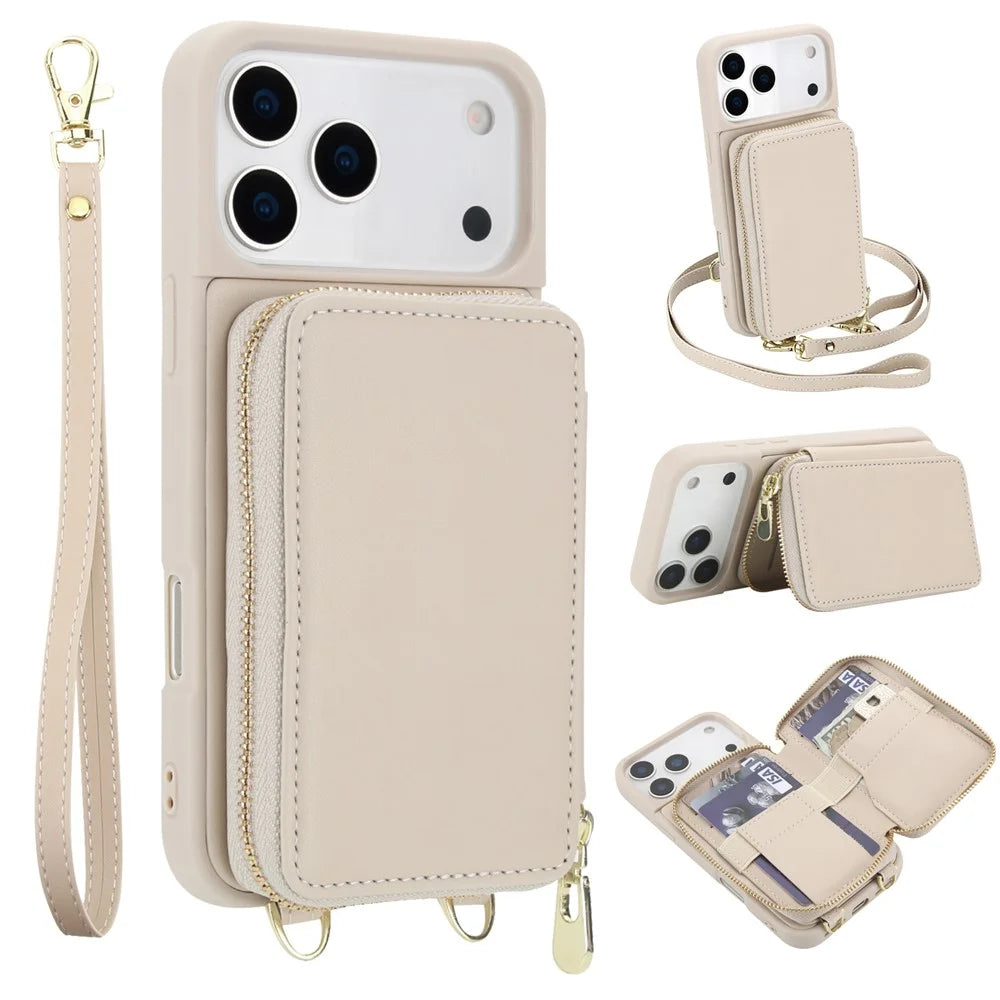 For iPhone 17 Pro Case RFID Blocking Zipper Wallet Leather + TPU Phone Cover with Shoulder Strap - Apricot - 1