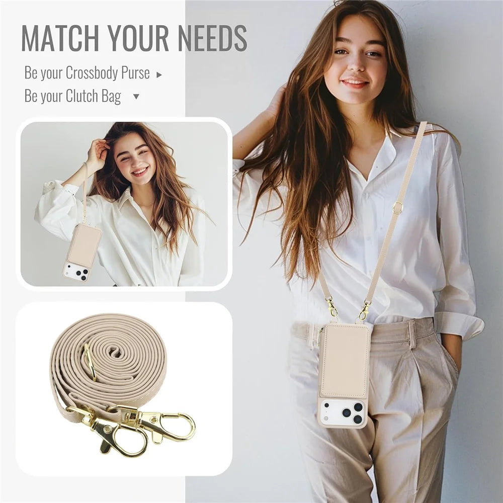 For iPhone 17 Pro Case RFID Blocking Zipper Wallet Leather + TPU Phone Cover with Shoulder Strap - Apricot - 5