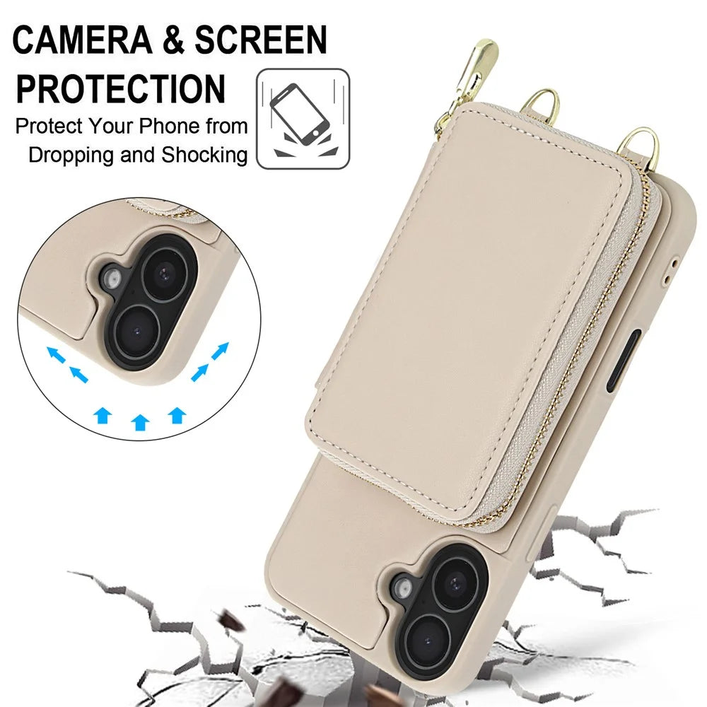 For iPhone 17 Case RFID Blocking Zipper Wallet Leather + TPU Phone Cover with Shoulder Strap - Apricot - 6