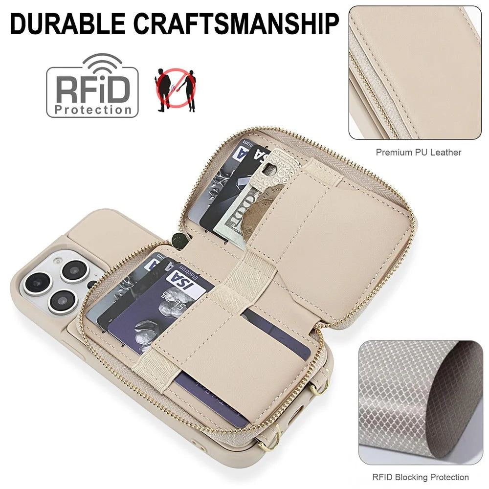 For iPhone 15 Pro Max Case RFID Blocking Zipper Wallet Leather + TPU Phone Cover with Shoulder Strap - Apricot - 4