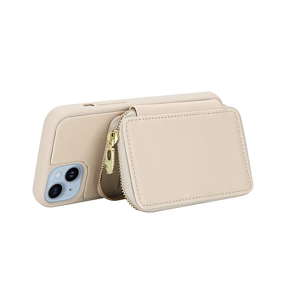 For iPhone 15 Plus / 14 Plus Case RFID Blocking Zipper Wallet Leather + TPU Phone Cover with Shoulder Strap - Apricot - 2