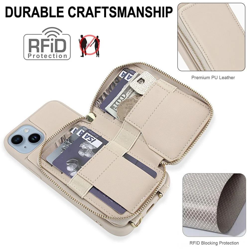 For iPhone 15 Plus / 14 Plus Case RFID Blocking Zipper Wallet Leather + TPU Phone Cover with Shoulder Strap - Apricot - 4