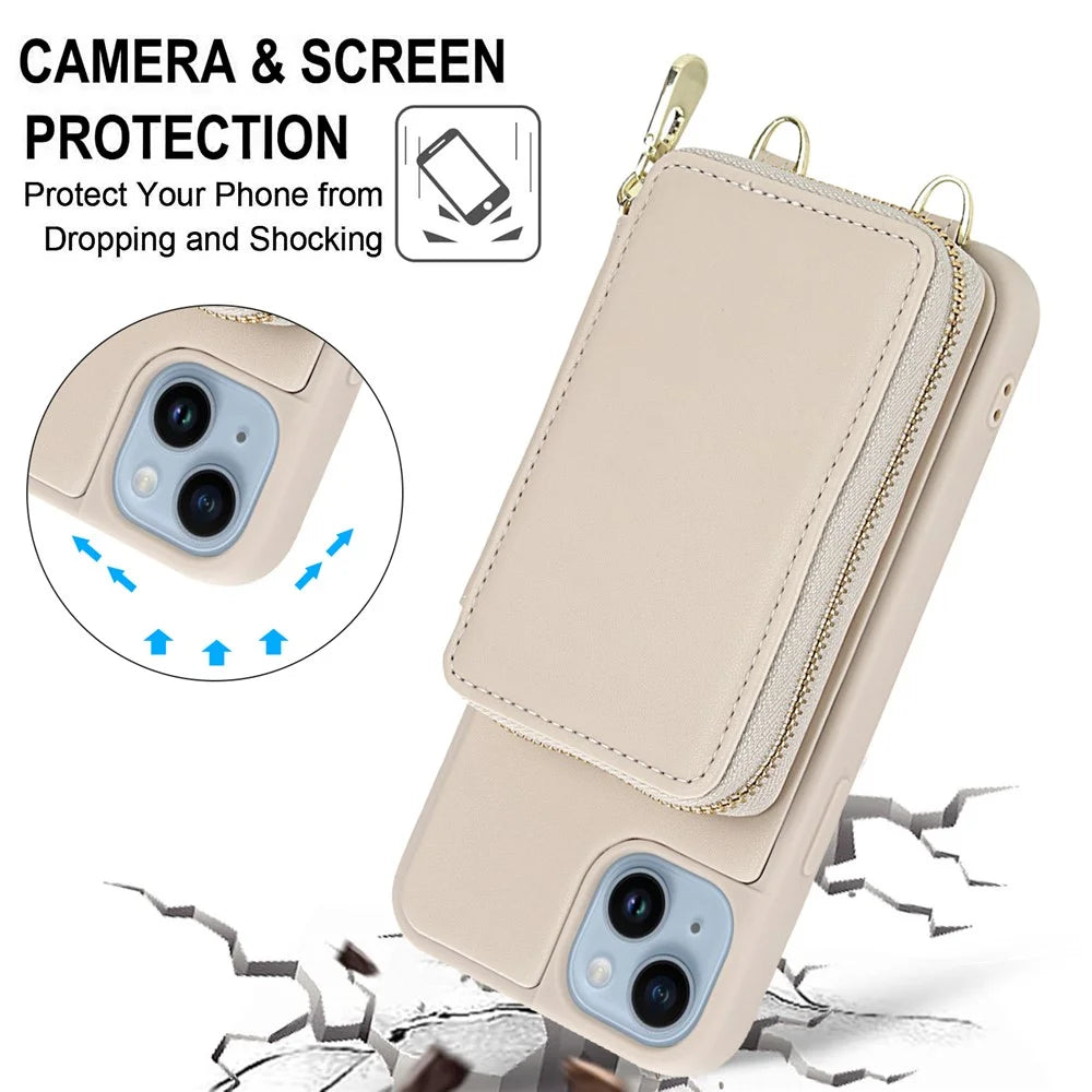 For iPhone 15 Plus / 14 Plus Case RFID Blocking Zipper Wallet Leather + TPU Phone Cover with Shoulder Strap - Apricot - 6