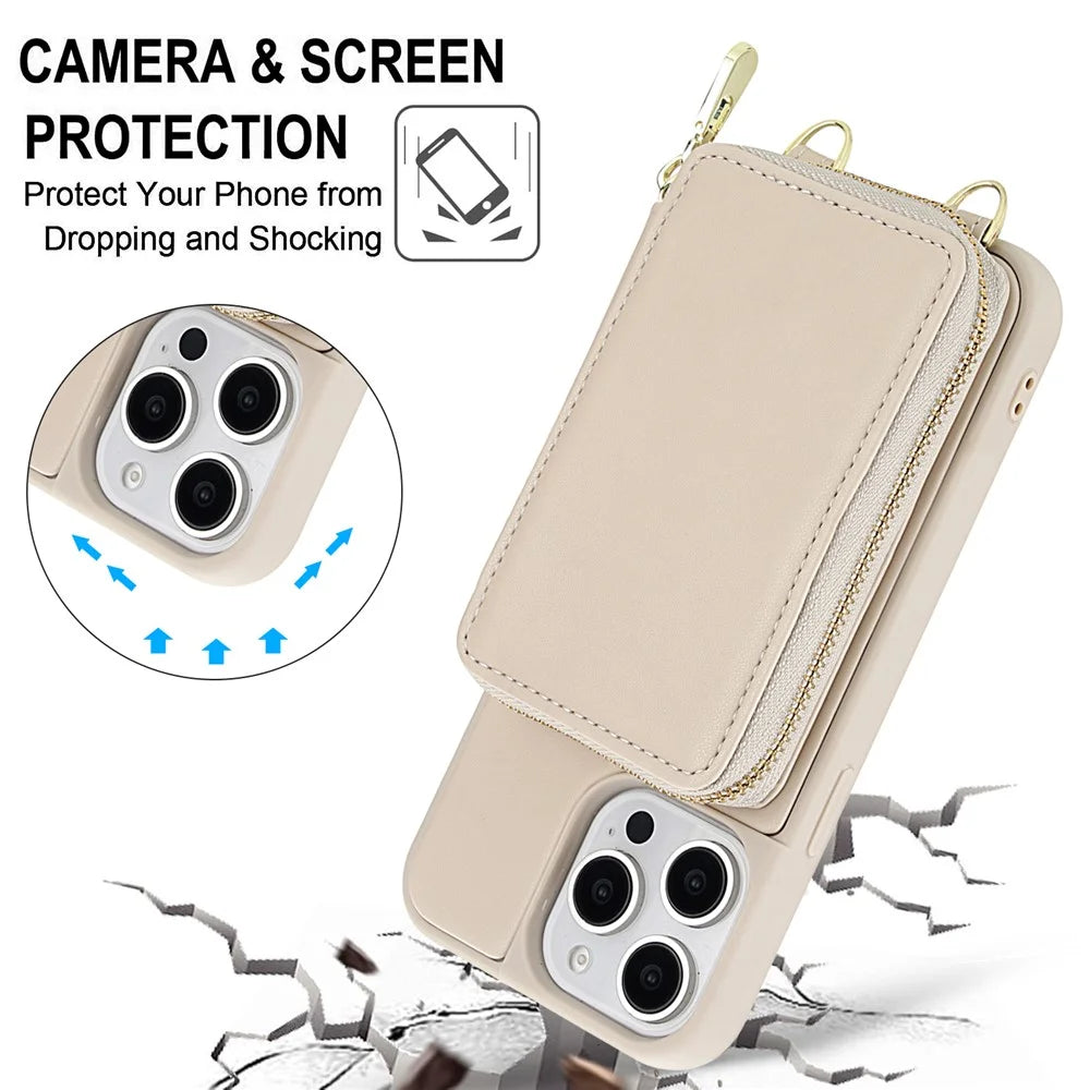 For iPhone 14 Pro Max Case RFID Blocking Zipper Wallet Leather + TPU Phone Cover with Shoulder Strap - Apricot - 6
