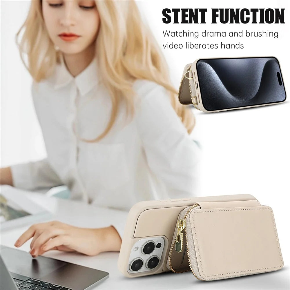 For iPhone 14 Pro Max Case RFID Blocking Zipper Wallet Leather + TPU Phone Cover with Shoulder Strap - Apricot - 7
