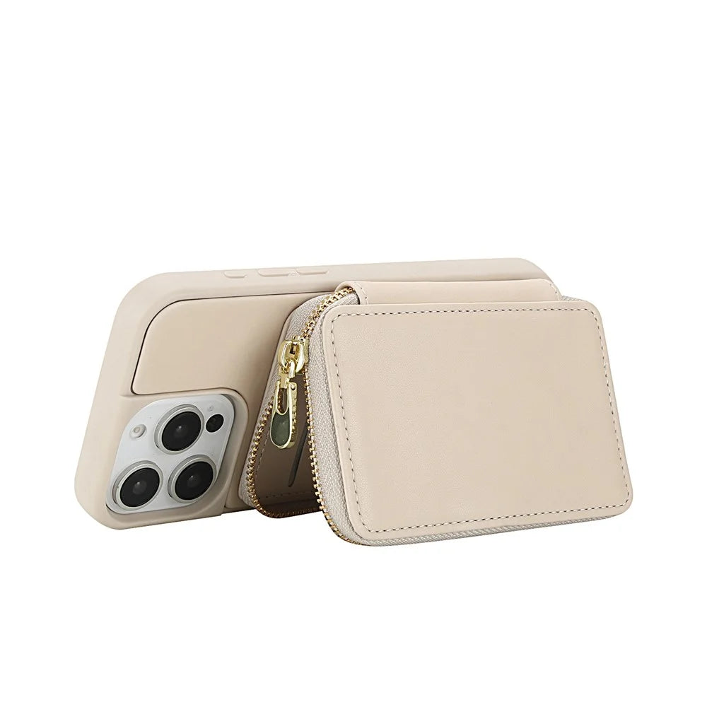 For iPhone 14 Pro Case RFID Blocking Zipper Wallet Leather + TPU Phone Cover with Shoulder Strap - Apricot - 2