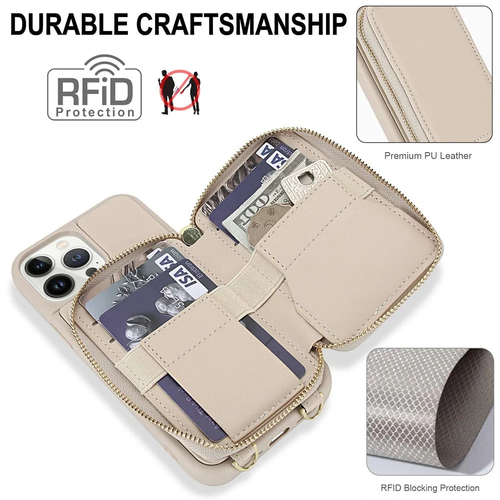 For iPhone 13 Pro Case RFID Blocking Zipper Wallet Leather + TPU Phone Cover with Shoulder Strap - Apricot - 4