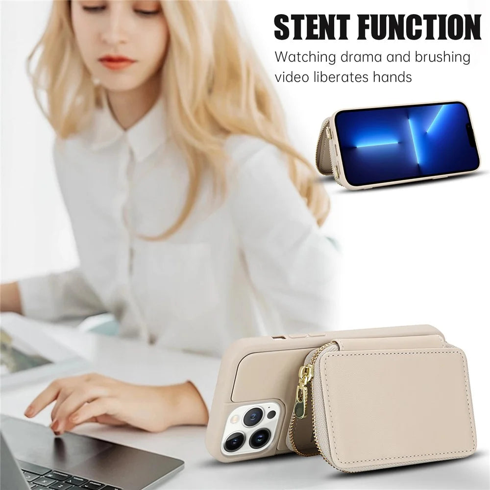 For iPhone 13 Pro Case RFID Blocking Zipper Wallet Leather + TPU Phone Cover with Shoulder Strap - Apricot - 7
