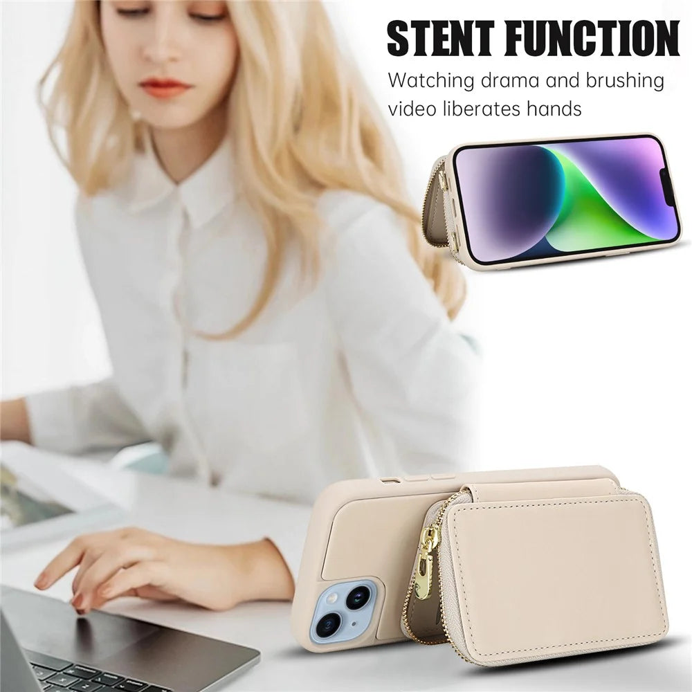 For iPhone 14 / 13 Case RFID Blocking Zipper Wallet Leather + TPU Phone Cover with Shoulder Strap - Apricot - 7